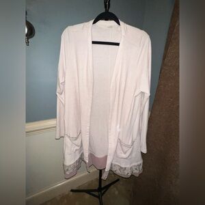LOGO by Lori Goldstein Light Pink Open Cardigan with Lace Trim